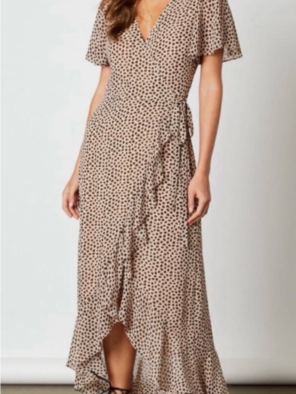 Cotton Candy LA Beige Wrap Midi Dress with Black Dot Print